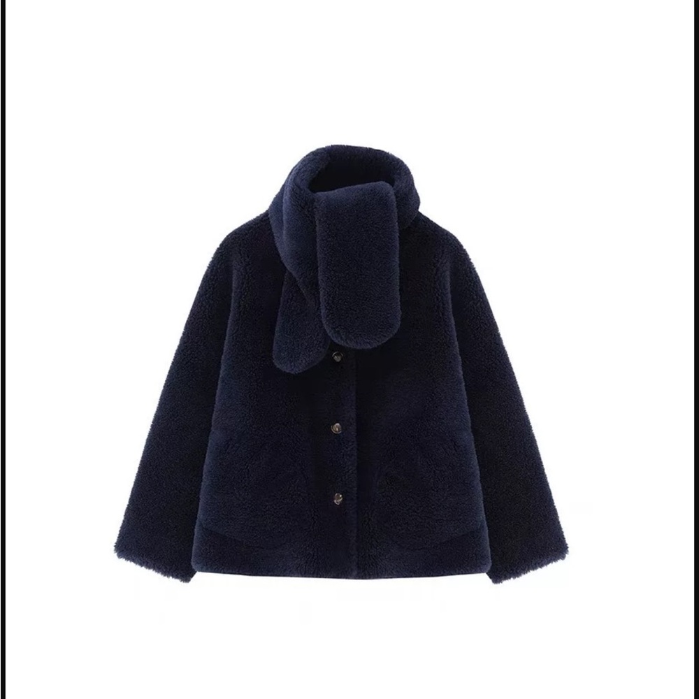 Women's navy wool coat with scarf